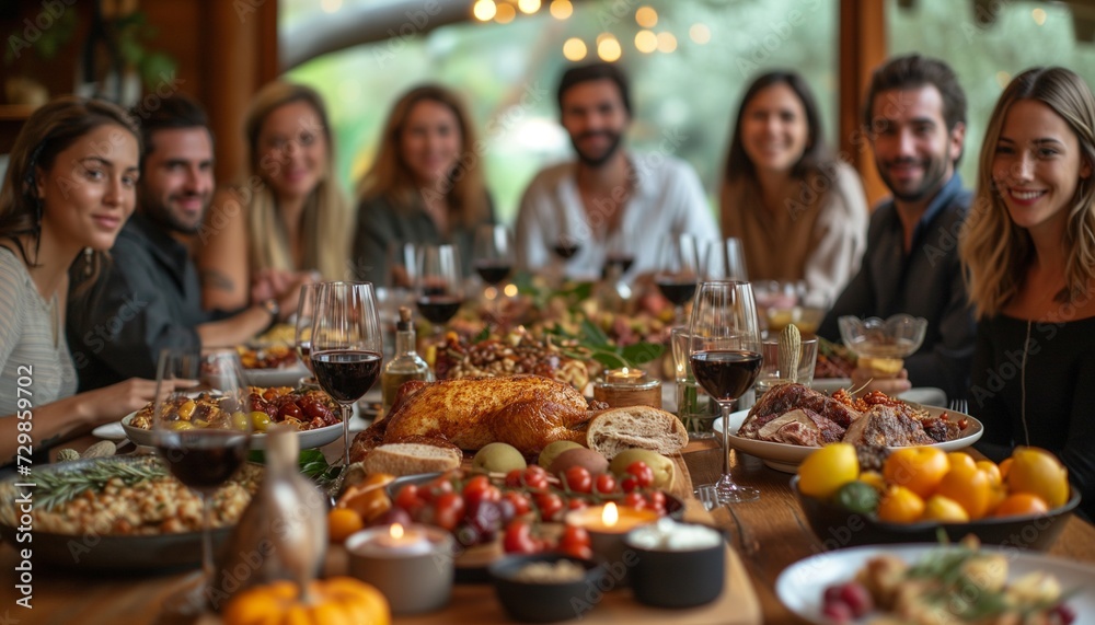 Feast Gathering: Close-Up of Group Enjoying Meal Together at Dining Table Feast Gathering: Close-Up of Group Enjoying Meal Together at Dining Table