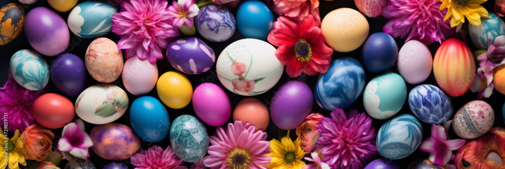 Fototapeta premium Top view of colorful Easter eggs with flower decoration on black background. Multicolor painted eggs banner. Generative AI.