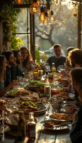 Feast Gathering: Close-Up of Group Enjoying Meal Together at Dining Table