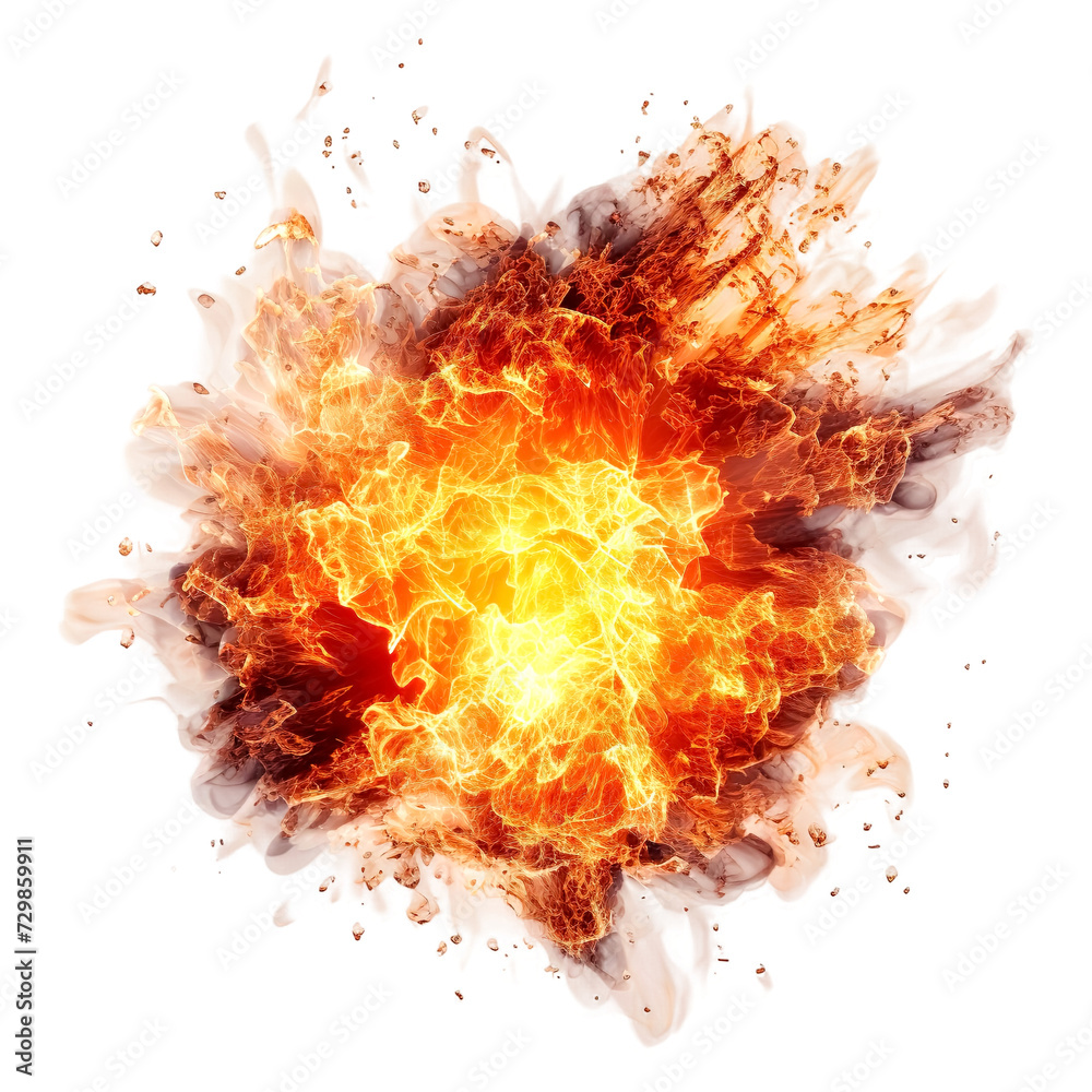 Dynamic explosion, radiating intense orange flames and billowing smoke, isolated on a white background Dynamic explosion, radiating intense orange flames and billowing smoke, isolated on a white background
