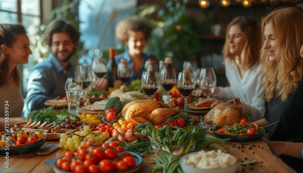 Gathered Around: Family and Friends Enjoy Holiday Feast, Sharing Delicious Meal and Wine in Joyous Celebration Gathered Around: Family and Friends Enjoy Holiday Feast, Sharing Delicious Meal and Wine in Joyous Celebration