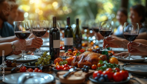 Gathered Around: Family and Friends Enjoy Holiday Feast, Sharing Delicious Meal and Wine in Joyous Celebration