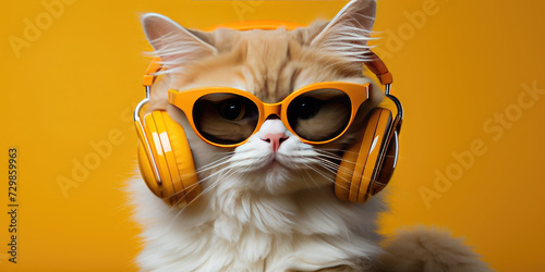 Beautiful fluffy cat wearing glasses and headphones on a yellow background. Banner.   opy space for text