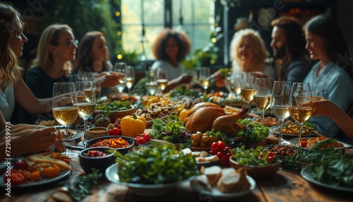 Gathered Around: Family and Friends Enjoy Holiday Feast, Sharing Delicious Meal and Wine in Joyous Celebration