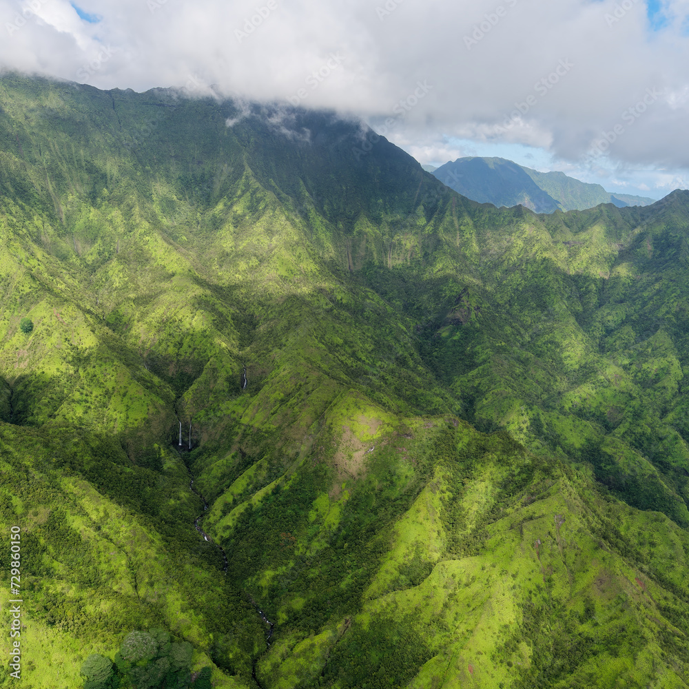 Aerial view from a tourist plane of a stunning Mount Waialeale, Island of Kauai, Hawaii
