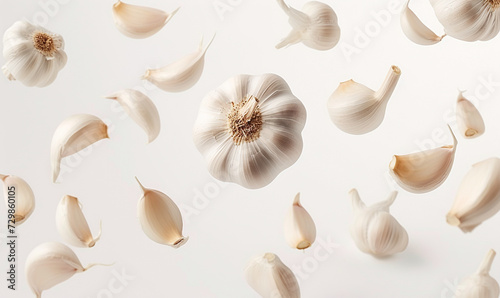slice of garlic float in the air in white background. photo