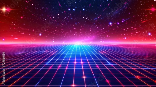 Retro Synthwave Dream  A 90s CG Animation Background Bathed in Red  White  and Blue Neon Hues  Nostalgic Vibes of a Classic Synthwave Screensaver.