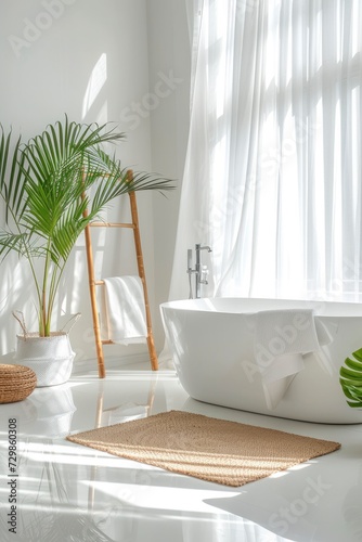 A Bright  Minimalist Bathroom Bathed in Natural Sunlight  Featuring a Clean White Aesthetic and Ample Copy Space for a Fresh and Inviting Atmosphere.