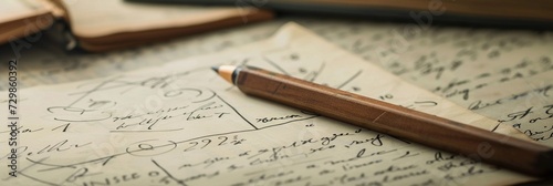紙と筆記用具と、数式や数学のイメージ