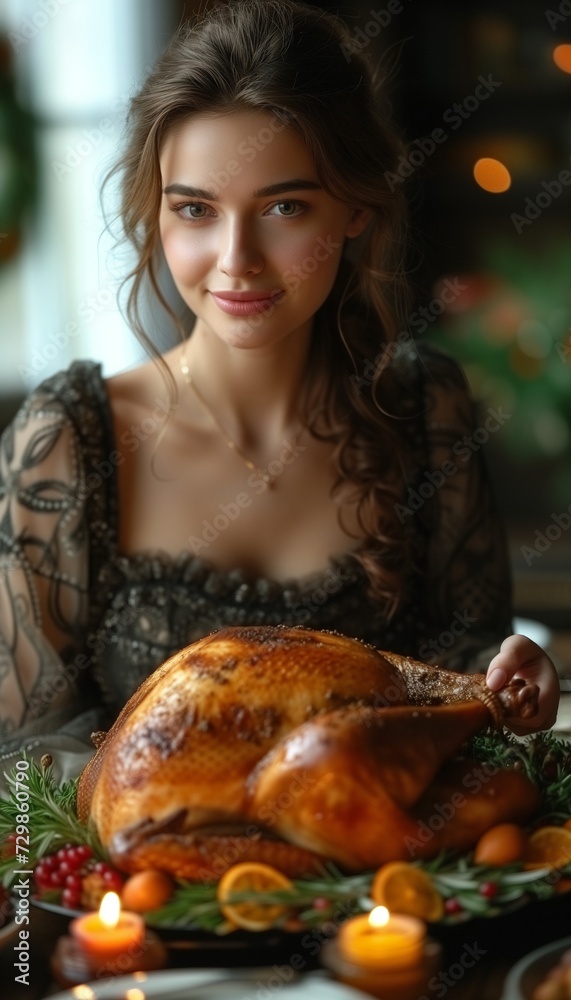 Woman Presents Freshly Cooked Turkey to the Dining Table