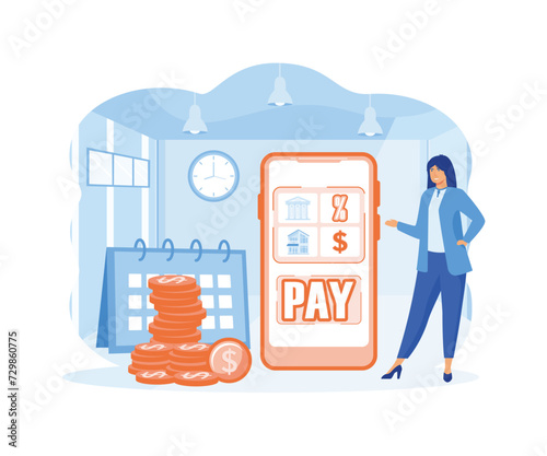 Payment date concept. Woman with payment schedule pay money for interest rate, fees, principal and financial bills by month period. flat vector modern illustration 
