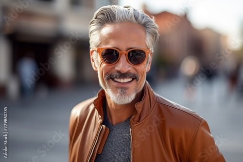 Portrait of a handsome middle-aged man with grey hair and sunglasses