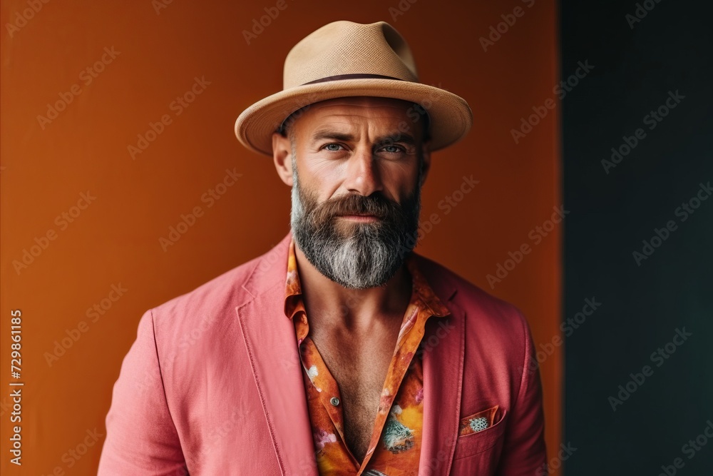 Portrait of a stylish mature man in a hat. Men's beauty, fashion.