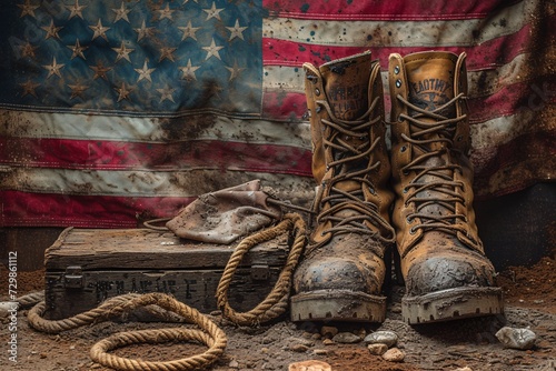 Boots on the Ground - A patriotic display of work boots and an American flag. Generative AI