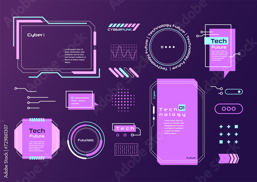 Cyberpunk graphics set. Geometric abstract retro futuristic elements and frames for banners design, future technology concepts. Digital notes, infographic, ui template. Vector illustration.
