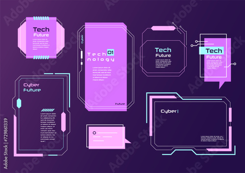 Retro futuristic frames set. Geometric cyberpunk graphics for posts, tech designs, virtual development banners. Vector illustration in neon colors. Editable strokes. Electronic message.
