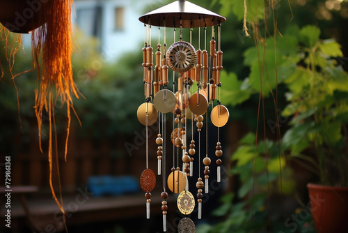 A homemade wind chime project, using recycled materials for a melodious creation. Concept of eco-friendly crafts and sound art. Generative Ai.