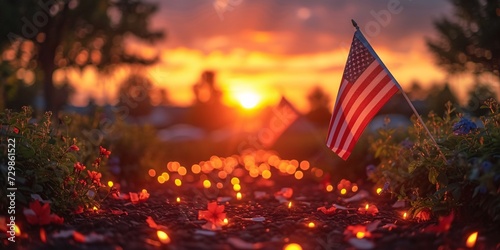 Glowing Leaves and Flags A Spectacular Sunset Display Generative AI