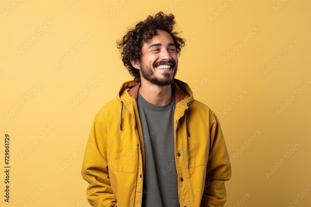 Handsome man with curly hair laughing and looking to the side on yellow background Handsome man with curly hair laughing and looking to the side on yellow background