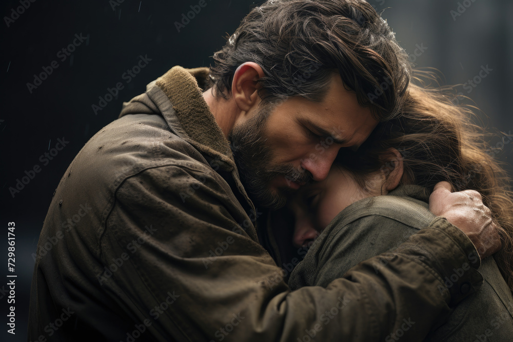 Fototapeta premium A person receiving a comforting hug, illustrating the power of human touch. Concept of comfort and emotional support. Generative Ai.