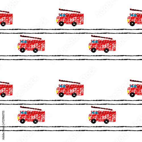 Primitive fire cars in kids style.  Fire truck seamless pattern. Simple kids illustration hand drawn by crayola or pencils