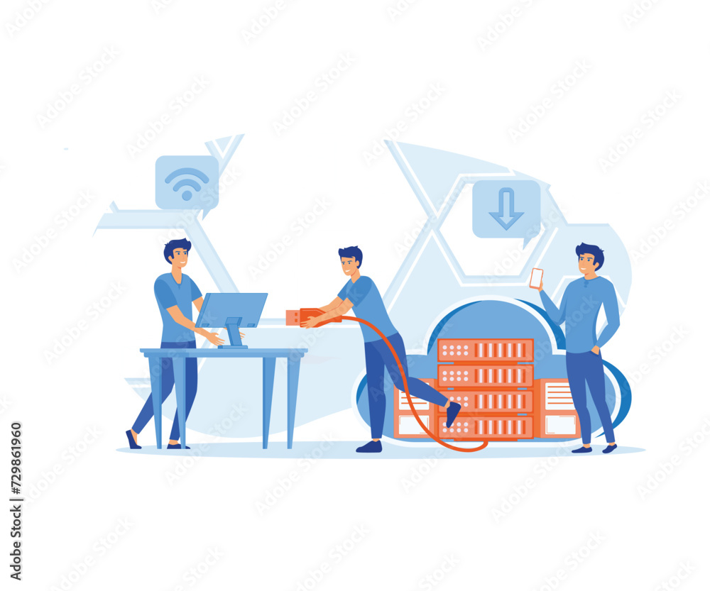 Cloud Computing . Web cloud technology, data storage, hosting, connection. Working process, teamwork communication. flat vector modern illustration Cloud Computing . Web cloud technology, data storage, hosting, connection. Working process, teamwork communication. flat vector modern illustration