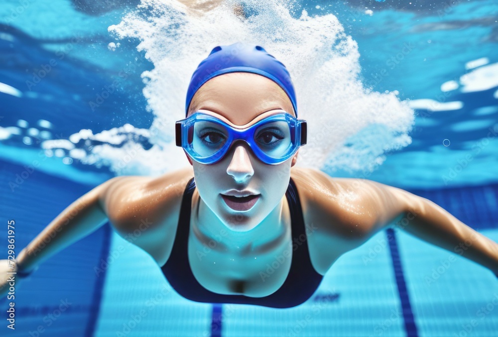 Woman swimmer in a blue pool cap, wearing blue pool goggles, swims deep underwater in a sports pool, underwater bubbles, sun
