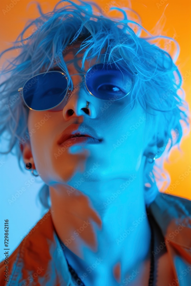 Stylish Elegance, A Japanese Man, Radiant with Handsome Features, Sporting Blue Hair and Trendy Blue Sunglasses, Exuding Contemporary Sophistication.