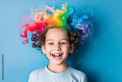 childs playful expression with rainbow smoke curls for hair