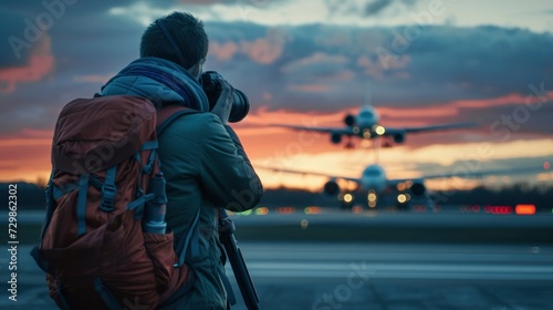 Photographer taking pictures of plane landing scene © AbGoni