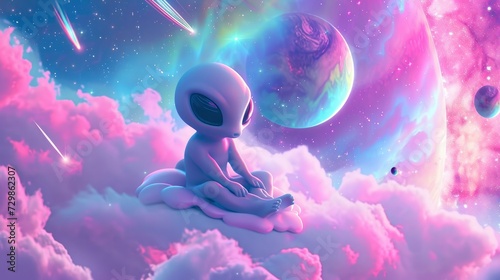 An Alien Perched on Clouds Amidst a Cosmic Canvas, Adorned with Stars, a Rainbow of Planets, and the Whimsy of a Galactic Dream © AbGoni