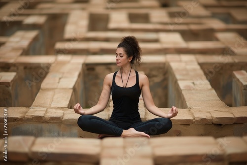 yoga practitioner meditating in the middle of a maze
