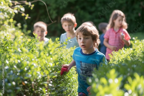 children on a scavenger hunt in a shrub maze photo