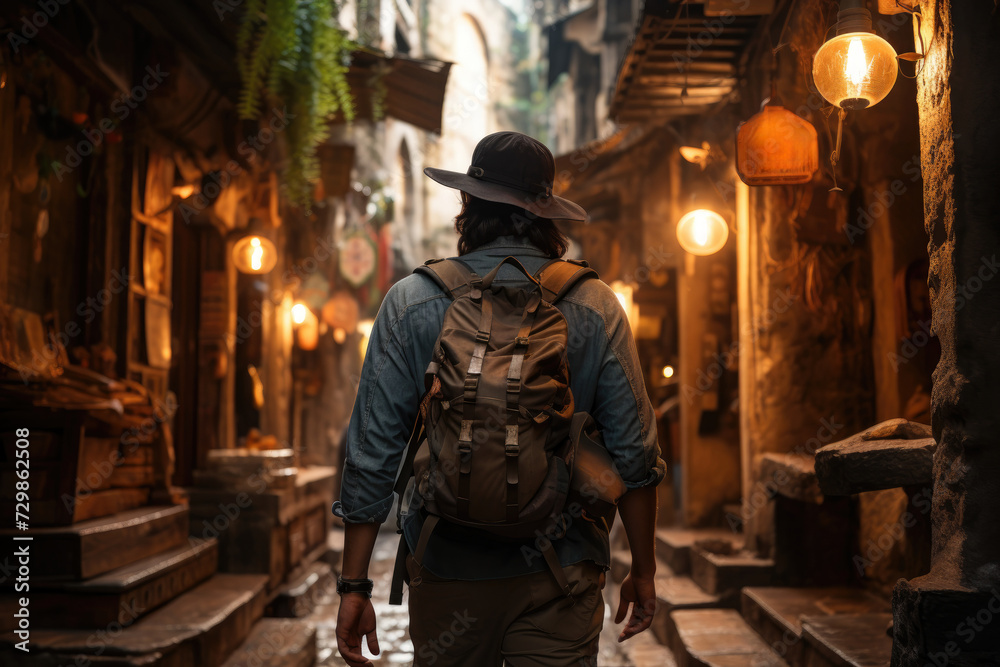Solo traveler navigating an ancient city's narrow alleyways, discovering hidden cultural gems. Concept of cultural exploration and solo travel. Generative Ai. Solo traveler navigating an ancient city's narrow alleyways, discovering hidden cultural gems. Concept of cultural exploration and solo travel. Generative Ai.