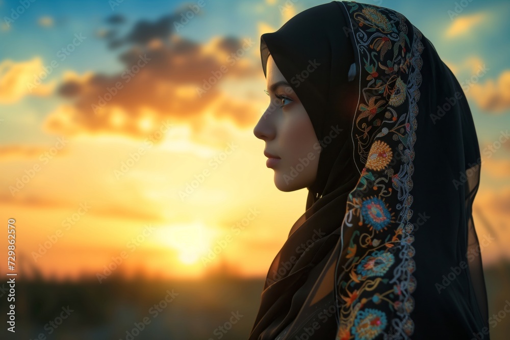 profile of a woman in an embroidered hijab against a sunset Stock Photo ...
