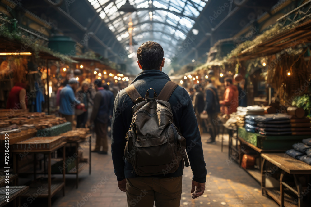 A traveler walking through a bustling local market, absorbing the sights, sounds, and smells. Concept of immersive cultural experiences and local life. Generative Ai.