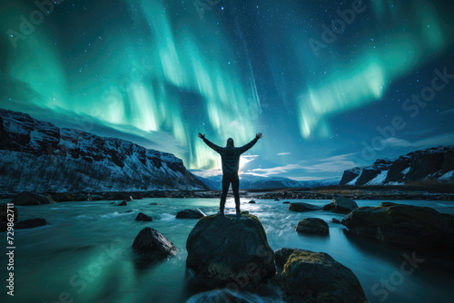 A person standing under the Northern Lights, witnessing the magical dance of nature's light show. Concept of once-in-a-lifetime experiences and natural phenomena. Generative Ai.