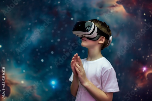 boy with vr headset experiencing virtual space simulation © altitudevisual