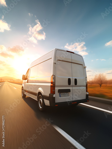 Transport van on the road delivering goods against sunset blue sky background. Commercial van is delivering cargo to countryside