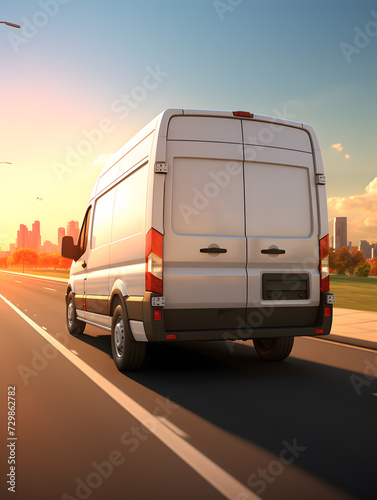 Transport van on the road delivering goods against sunset blue sky background. Commercial van is delivering cargo to countryside