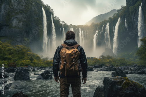 A traveler visiting a majestic waterfall, feeling the power and beauty of cascading water. Concept of natural wonders and awe-inspiring sights. Generative Ai.
