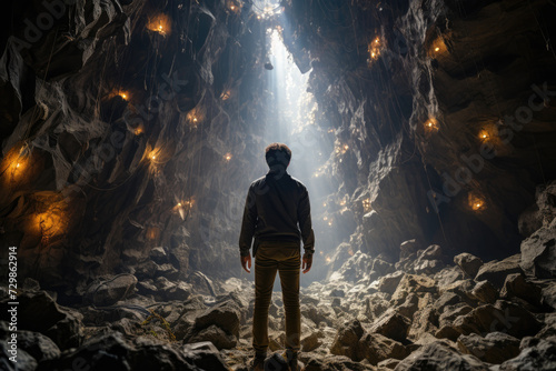A person exploring an underground cave system, discovering geological wonders and hidden formations. Concept of adventure and underground exploration. Generative Ai.