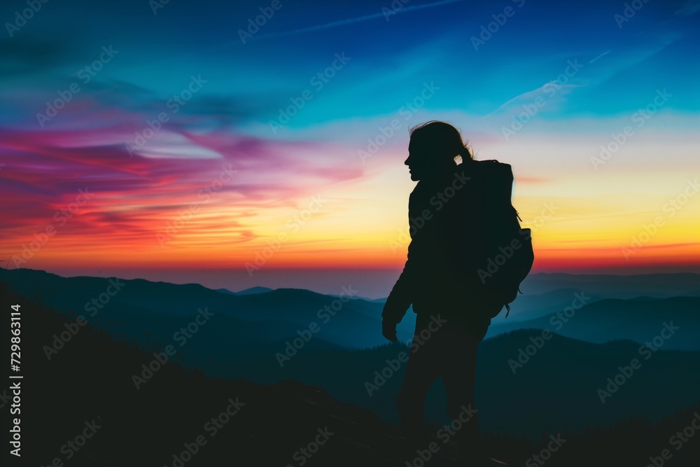 silhouette of person with backpack against colorful mountain sunset