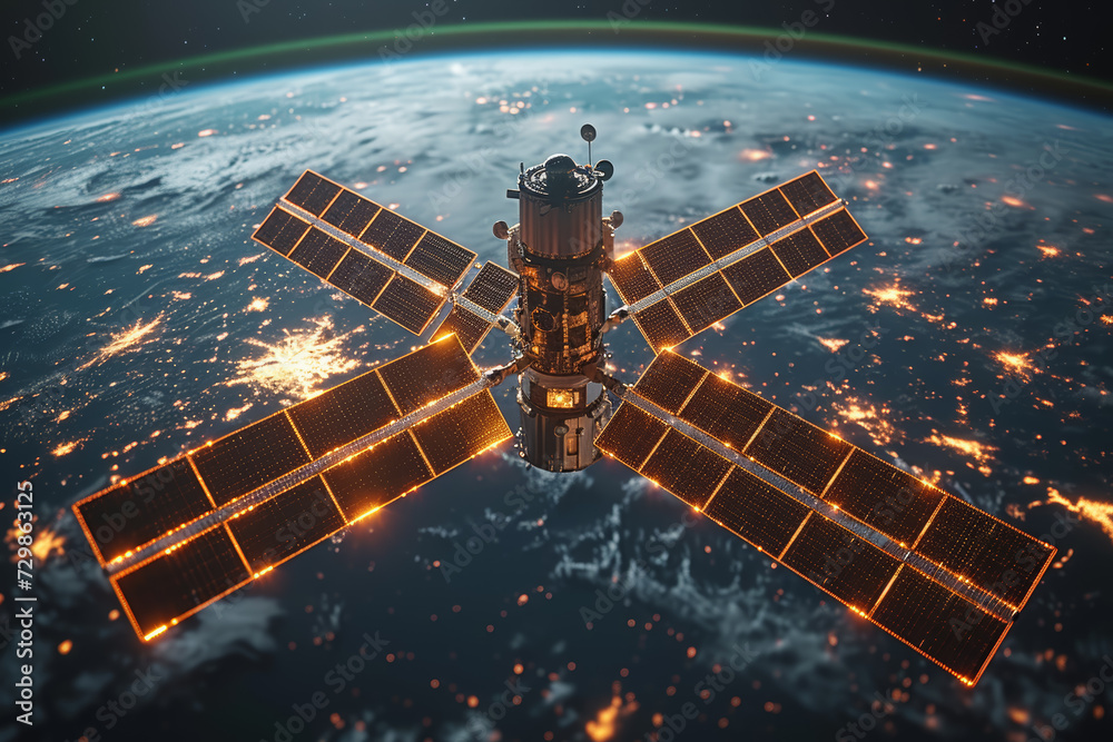A satellite orbiting the Earth, capturing real-time data and imagery that contributes to global weather monitoring and scientific research. Concept of satellite technology. Generative Ai. A satellite orbiting the Earth, capturing real-time data and imagery that contributes to global weather monitoring and scientific research. Concept of satellite technology. Generative Ai.
