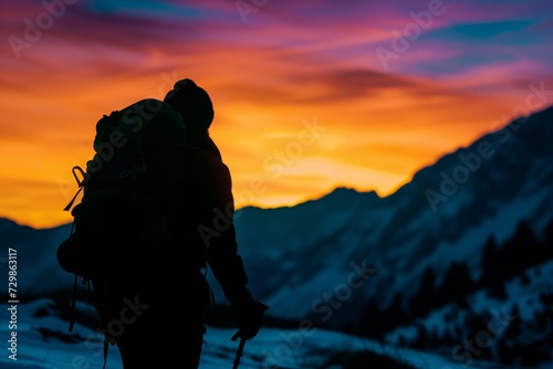 silhouette of person with backpack against colorful mountain sunset