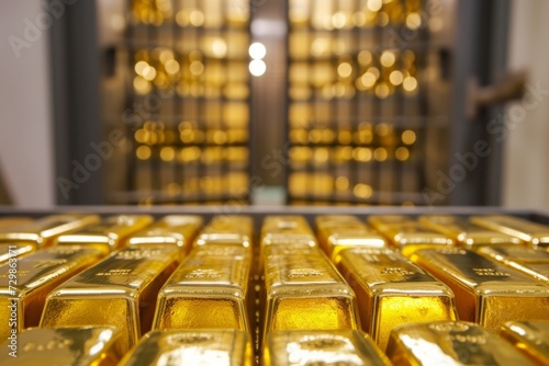 Ai generated ofGold bars Gold ingot, bullion gold, bank vault, stacked image. close up many pure gold bar ingot put on the black color with bokeh surface. many pile of gold bars in golden background. photo