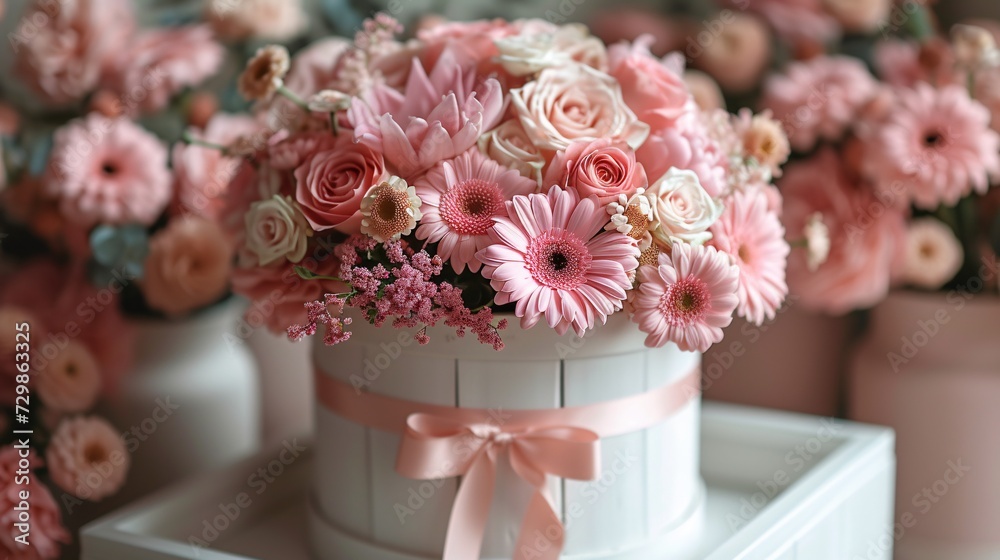 Pink Flower Bouquet in a White Box A Perfect Gift for a Mother's Day Celebration Generative AI