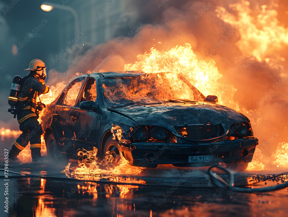 Firefighters work on a car fire. Firefighter extinguishes car fire from a car crash traffic accident.
