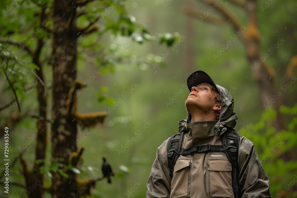 birdwatcher with a waterproof gear in a rainy forest looking up