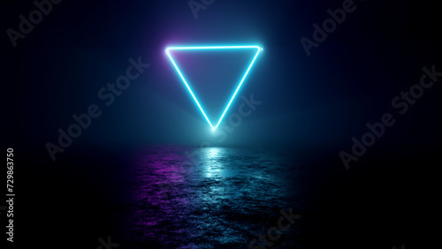 3D rendering creates abstract glowing neon triangles in a dark room .